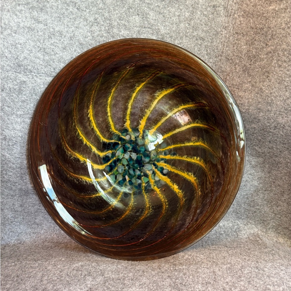 Contemporary Piece Of Art Glass Featuring A Swirling Design Brown, Blue & Yellow